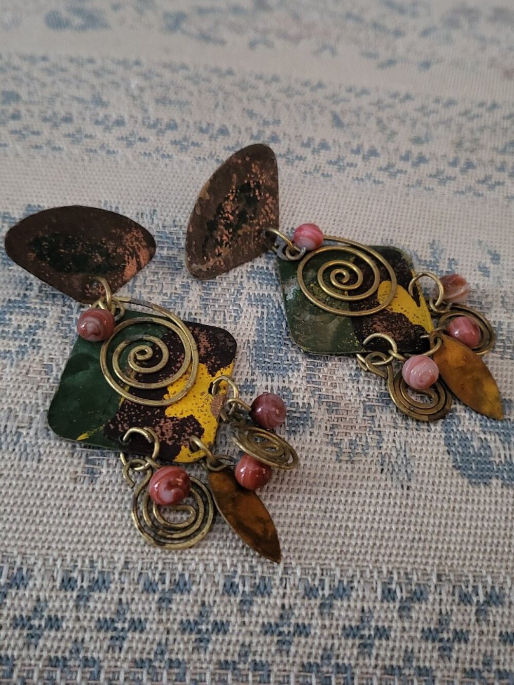 Vintage 1980s Boho Patina Brass Spiral Swirl Dangle Earrings Made in India